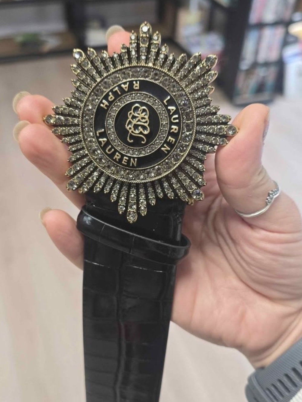 Ralph Lauren Black Croc-Embossed Belt with Gold Crystal Sunburst Buckle